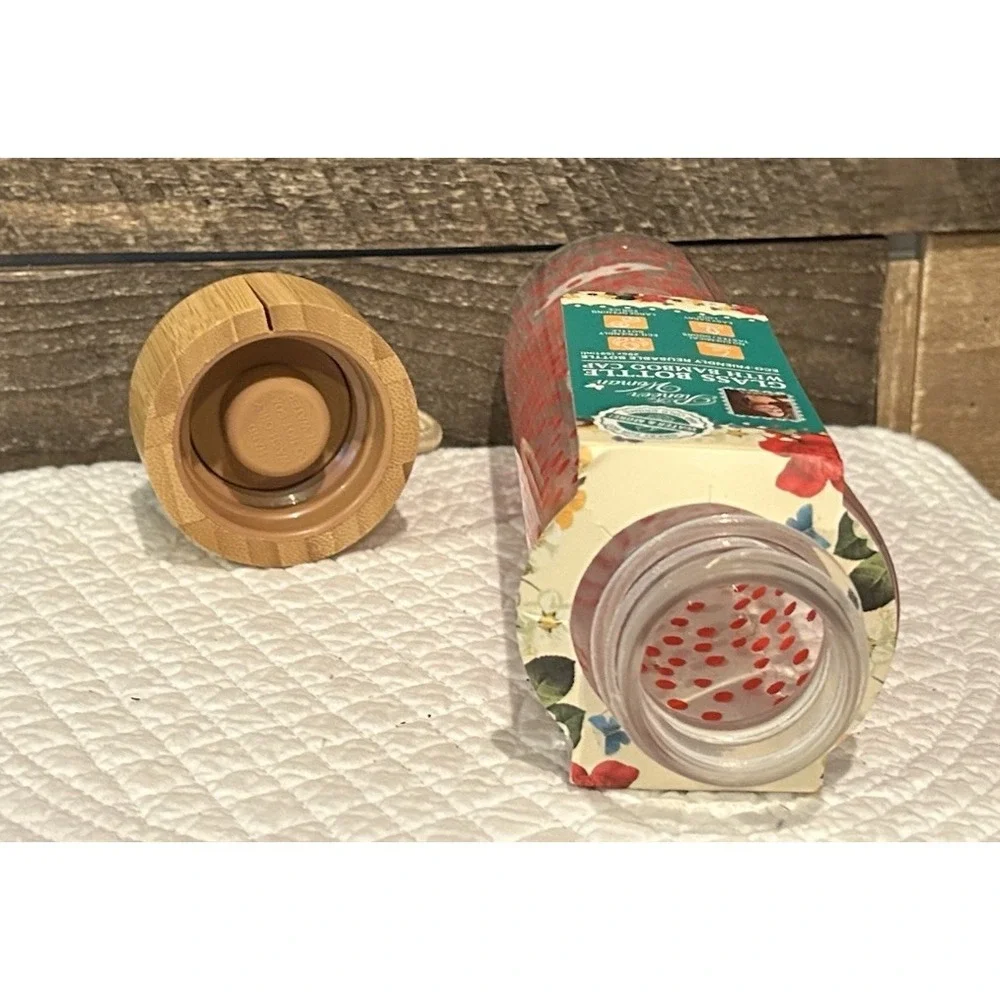 Pioneer Woman Glass Water Bottle with Red Polka Dots 20oz Bamboo Lid Rope Handle